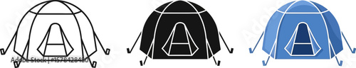 Three stylized camping tents in outline black and blue color variations