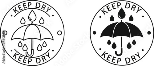 Set of three keep dry icons with umbrella and raindrops in different styles
