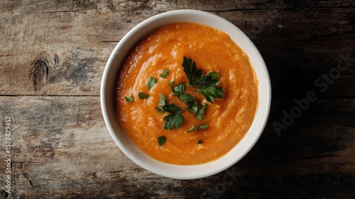 Mashed Sweet Potatoes in white bowl on wooden rustic table. Healthy food