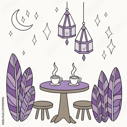 Illustration of a cozy outdoor cafe scene at night with moon, stars, and hanging lanterns above