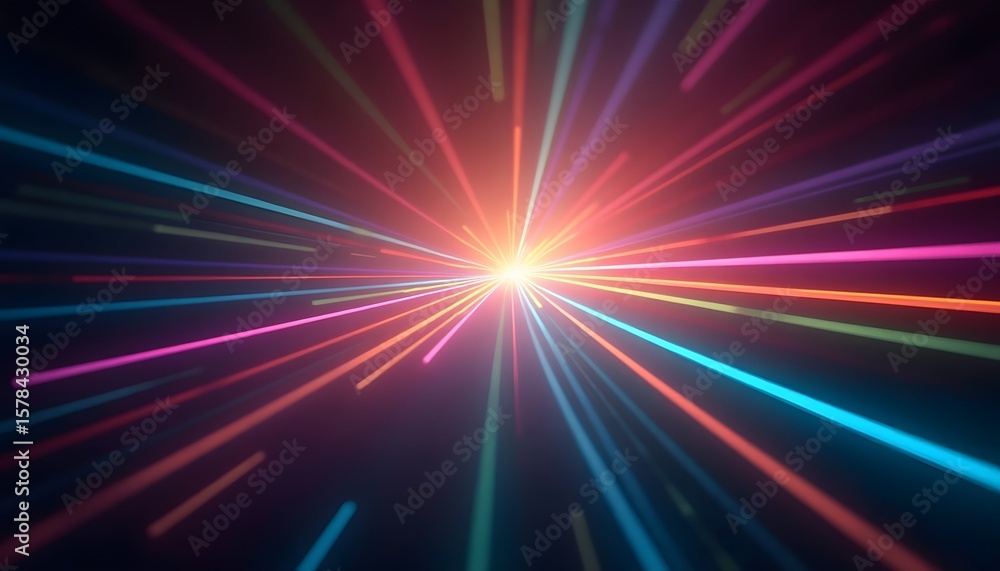 Obraz premium Multicolored lines converge at a bright center creating a radiating starburst effect against a dark background