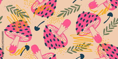 Seamless Pattern with Hand Drawn Pink Mushrooms. Mushrooms Collection. Vector Illustration. Magic Mushroom Symbol, Design Template