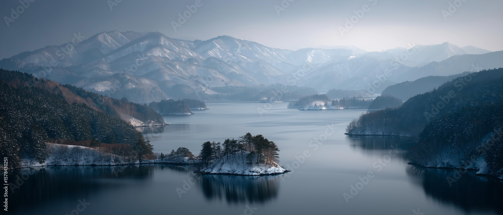 Obraz premium A serene landscape of Lake Hibara with foggy air and snow-covered islets, framed by forested hills and mountain peaks. 