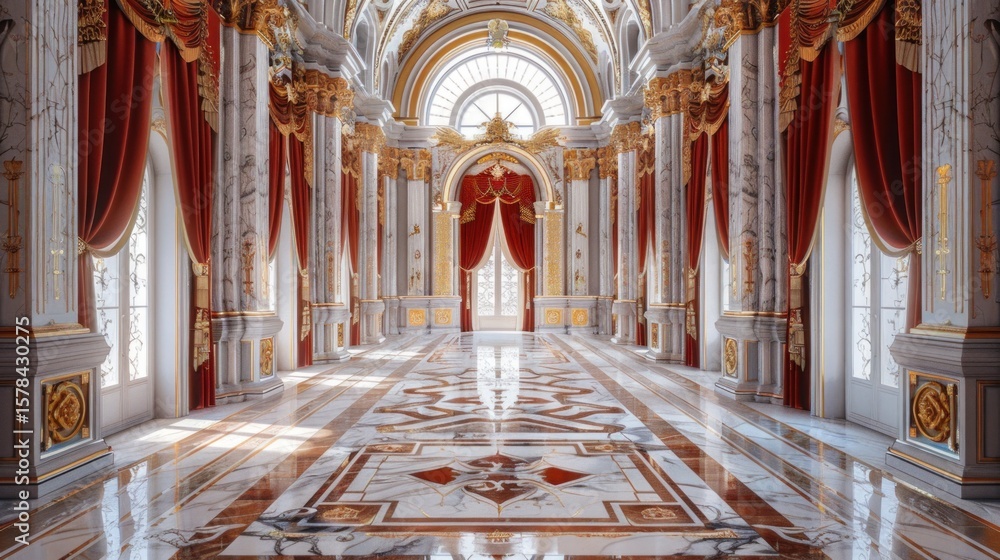 Obraz premium Opulent Palace Interior with Marble Floors, Columns, and Draped Red Curtains