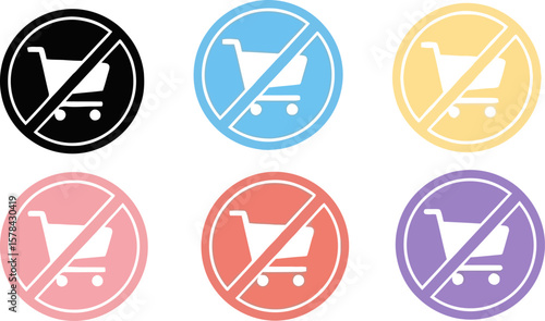 Collection of colorful shopping cart prohibition signs on a white background