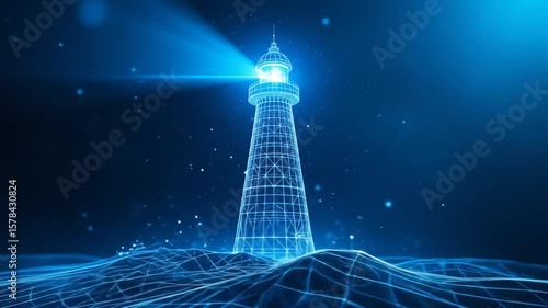A digital transformation concept and vision of the future featuring an abstract wireframe lighthouse in a blue cyberspace, symbolizing guidance and innovation in the digital age. 4k video