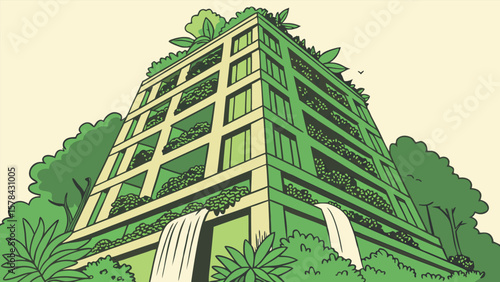 Illustration of a tall green building with plants on each level and waterfalls flowing down the sides