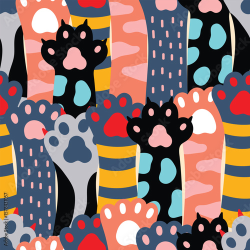 Colored cat paws .Vector illustration.Seamless pattern. Can be used in textile industry, paper, background, scrapbooking.