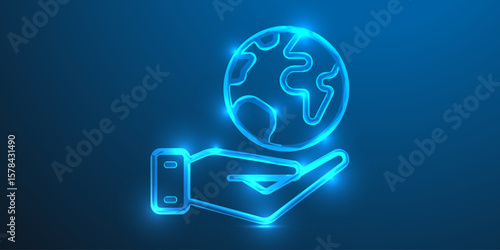 Low poly global icon on dark blue gradient background. Abstract polygonal globe symbol for worldwide connectivity, international networks, and digital communication.