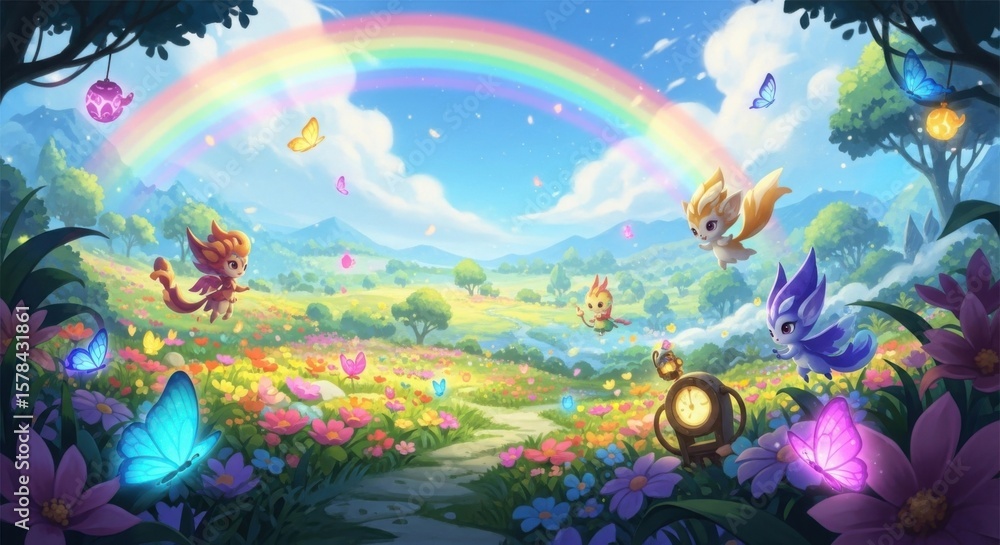 Naklejka premium Enchanting Fairy Meadow Under a Vibrant Rainbow