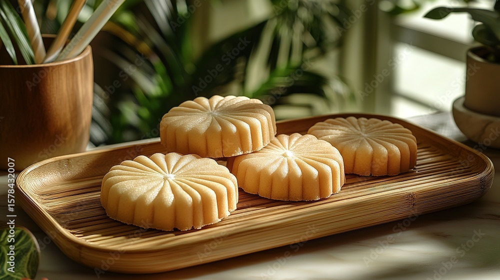 Fototapeta premium Minimalist Bamboo Shaped Serving Platter with Cream Filled Cookies and Straw Decoration