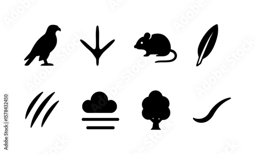Wildlife and nature icons set featuring animal silhouettes and natural elements