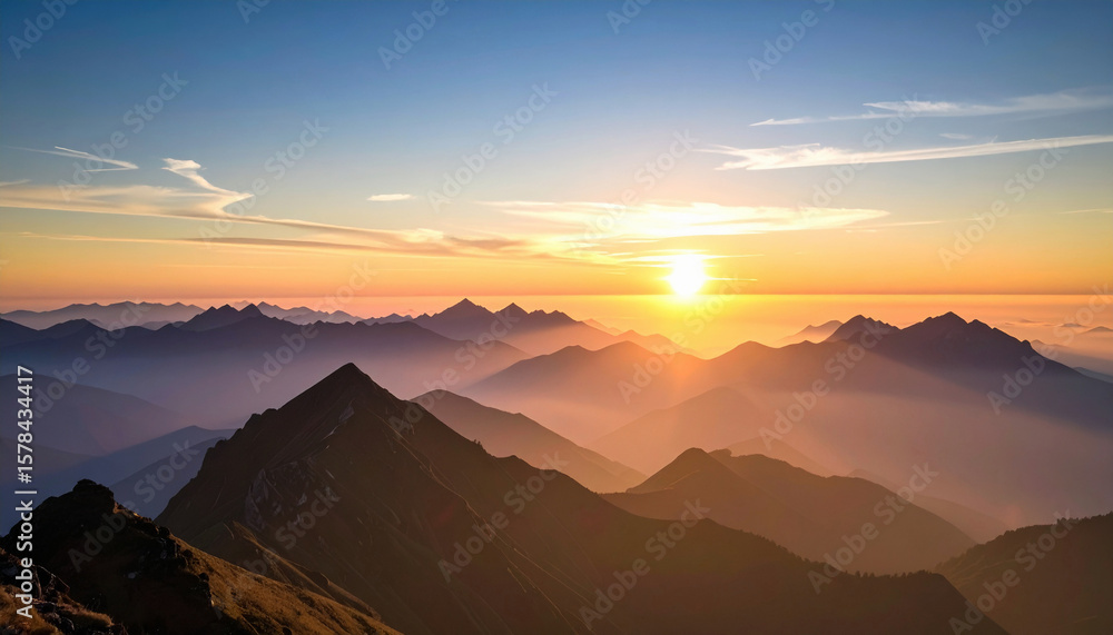 Naklejka premium Sunrise Over Misty Mountain Peaks