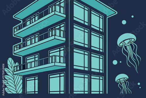 Illustration of a modern apartment building with balconies and jellyfish floating nearby in the ocean