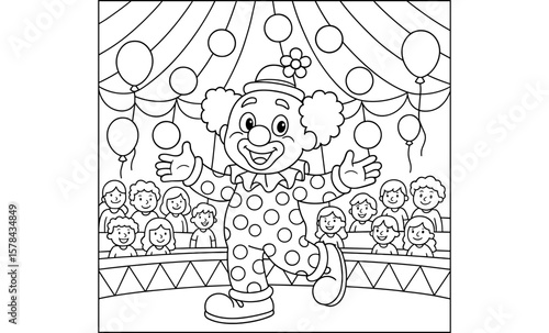 Circus clown coloring page: fun black and white printable for kids