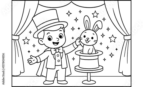 Child magician performing rabbit trick on stage in black and white line art