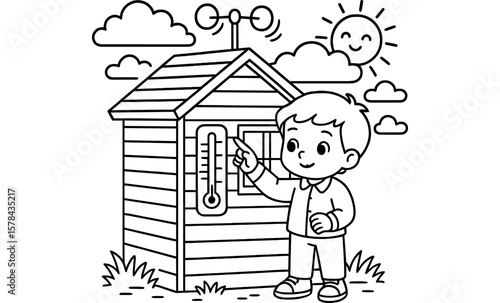 Cute kid observing weather station with thermometer under sunny sky