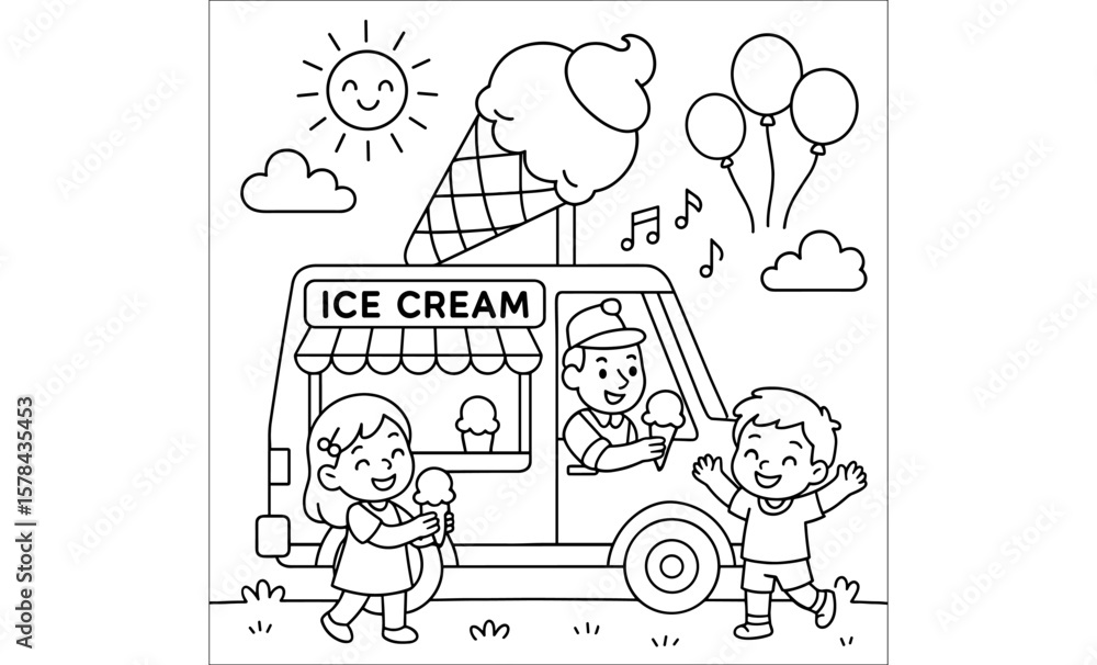 Naklejka premium Kids enjoy ice cream from a cheerful truck on a sunny day coloring page