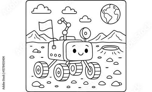 Cute cartoon space rover exploring lunar landscape with smiling face