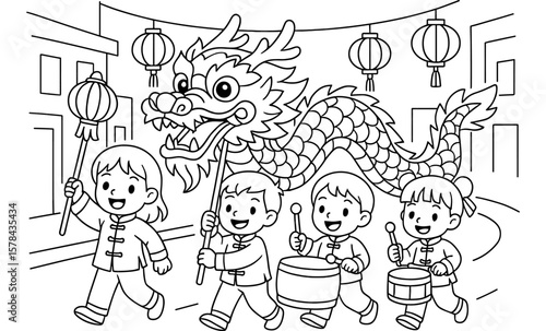 Kids celebrating chinese new year with dragon dance coloring page