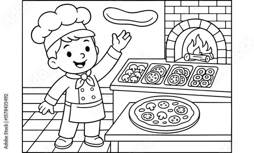Smiling chef tossing pizza dough in traditional pizzeria coloring page