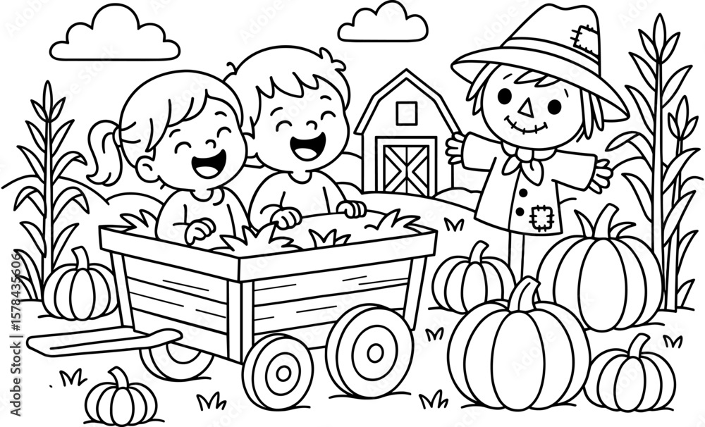 Fototapeta premium Harvest fun with kids and scarecrow in pumpkin patch coloring page