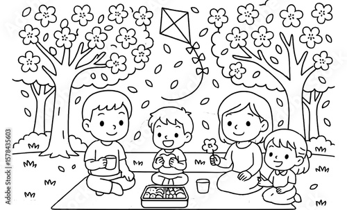 Family picnic in cherry blossom park with kite and picnic basket coloring page