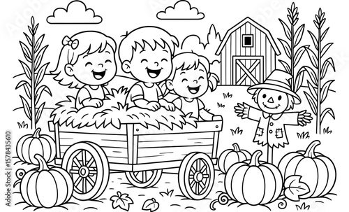 Happy children enjoying autumn hayride at the farm with pumpkins and scarecrow