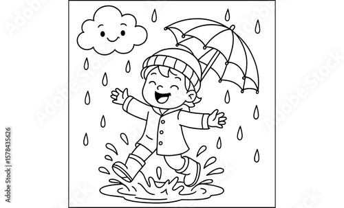 Child playing in rain with umbrella and cloud outline