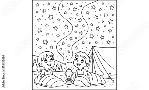 Children stargazing in camping scene with tent under a starry sky