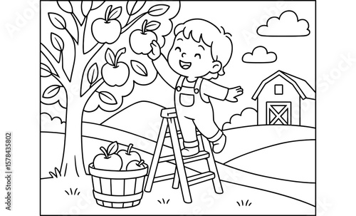 Child picking apples in farmyard scene, fun coloring page for kids