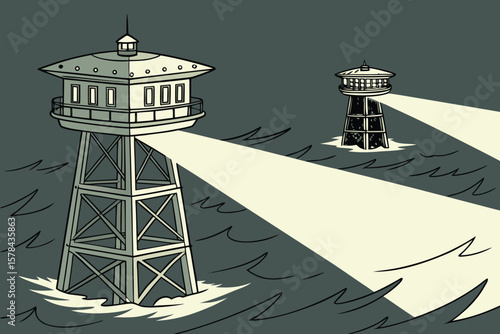 Illustration of two lighthouses emitting light beams across a wavy body of water at nighttime scene