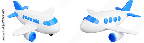 3D illustration airplane blue white cartoon isolated transport travel aviation playful cheerful children toy modern jet engine window wing nose tail fun creative minimal smooth plastic cute