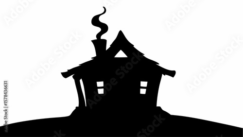 Silhouette of a spooky house with smoke coming out of the chimney on a hill against white background
