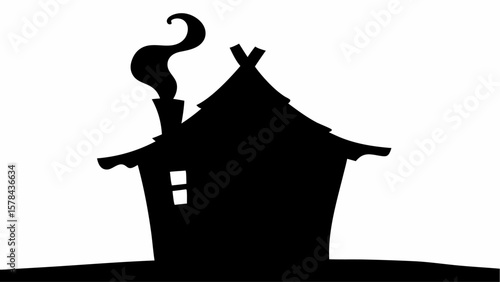 Silhouette of a whimsical house with smoke coming from the chimney on a white background design art