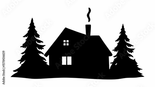 Silhouette of a house with smoke coming from the chimney and two pine trees on either side on a white background