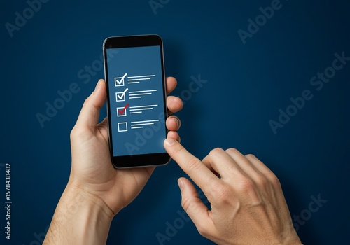 Mobile Checklist: Hand Taps Smartphone Screen with To-Do List on Dark Blue