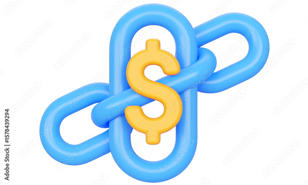 Obraz premium Blue chain link with yellow dollar sign, symbolizing financial connection, investment, business partnership, or economic link, isolated on transparency background