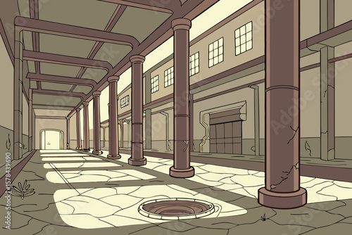 Perspective view of a long industrial hall with pillars and a manhole cover on the cracked floor