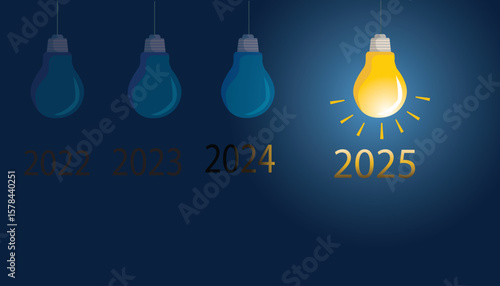 2025 with light bulb on dark blue background. Idea concept.vector, illustration