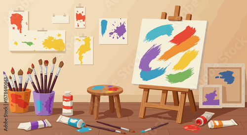 Cartoon Artist Studio with Easel, Canvas, Paints, Brushes and Colorful Splatters