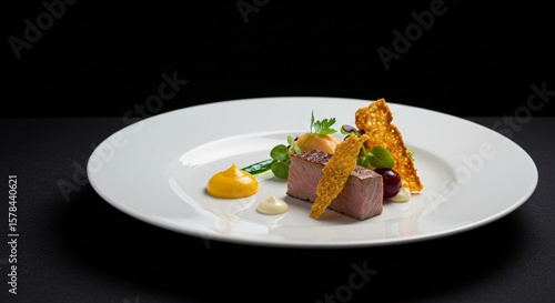 Close up of a gourmet dish with meat cubes and sauces on a white plate against a black background