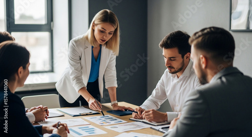 A team of business professionals collaborates around a table, reviewing documents and planning a strategy