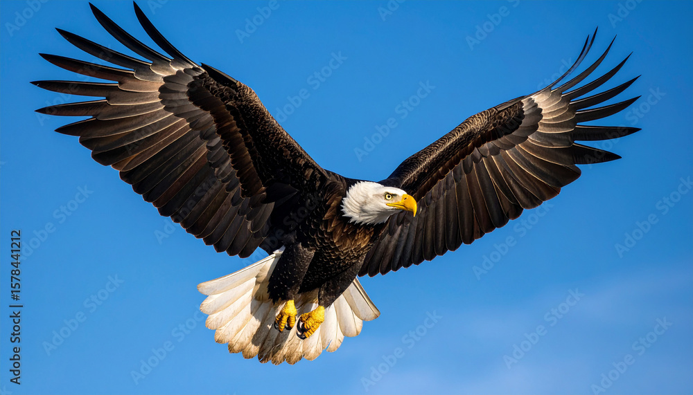 Soaring High: Close-Up of Eagle in Mid-Flight with Wings Fully Stretched Against Clear Blue Sky Soaring High: Close-Up of Eagle in Mid-Flight with Wings Fully Stretched Against Clear Blue Sky