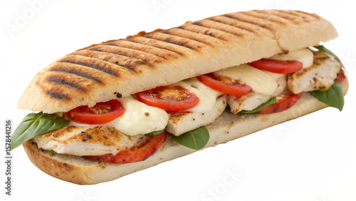A grilled chicken panini sandwich with tomato, basil, and mozzarella isolated on transparent background
