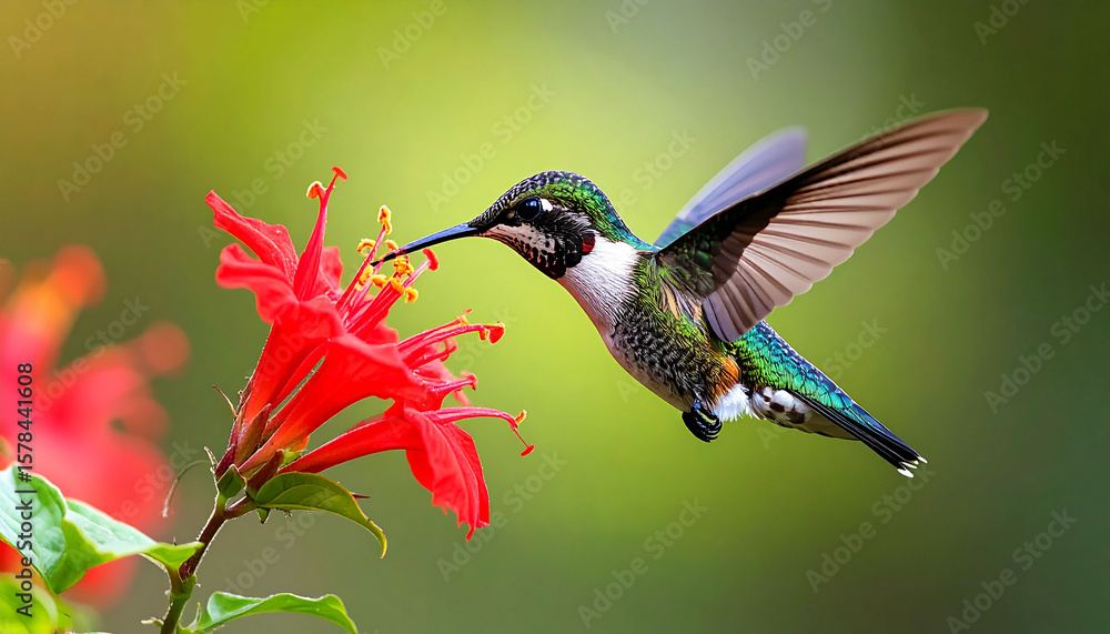 Naklejka premium Nature’s Beauty: Close-Up of Hummingbird Feeding on Red Flower with Clean, Blurred Background