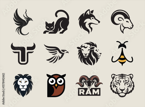 Collection of animal logo designs in black and brown tones
