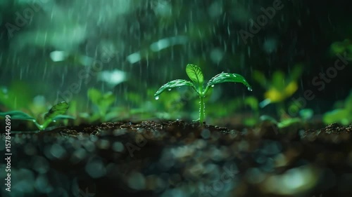 Green seedlings sprout in the rain, showcasing growth and resilience despite inclement weather.