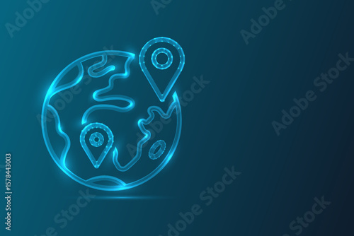 Low poly global icon on dark blue gradient background. Abstract polygonal globe symbol for worldwide connectivity, international networks, and digital communication.