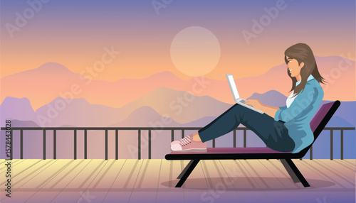 woman freelancer working with technology laptop with happiness action at Fantastic Landscape of sunset view , Freelance working and travel anywhere concept